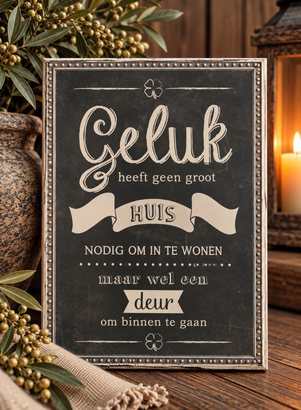 🤎 Tekstbordje – Geluk heeft geen groot huis nodig