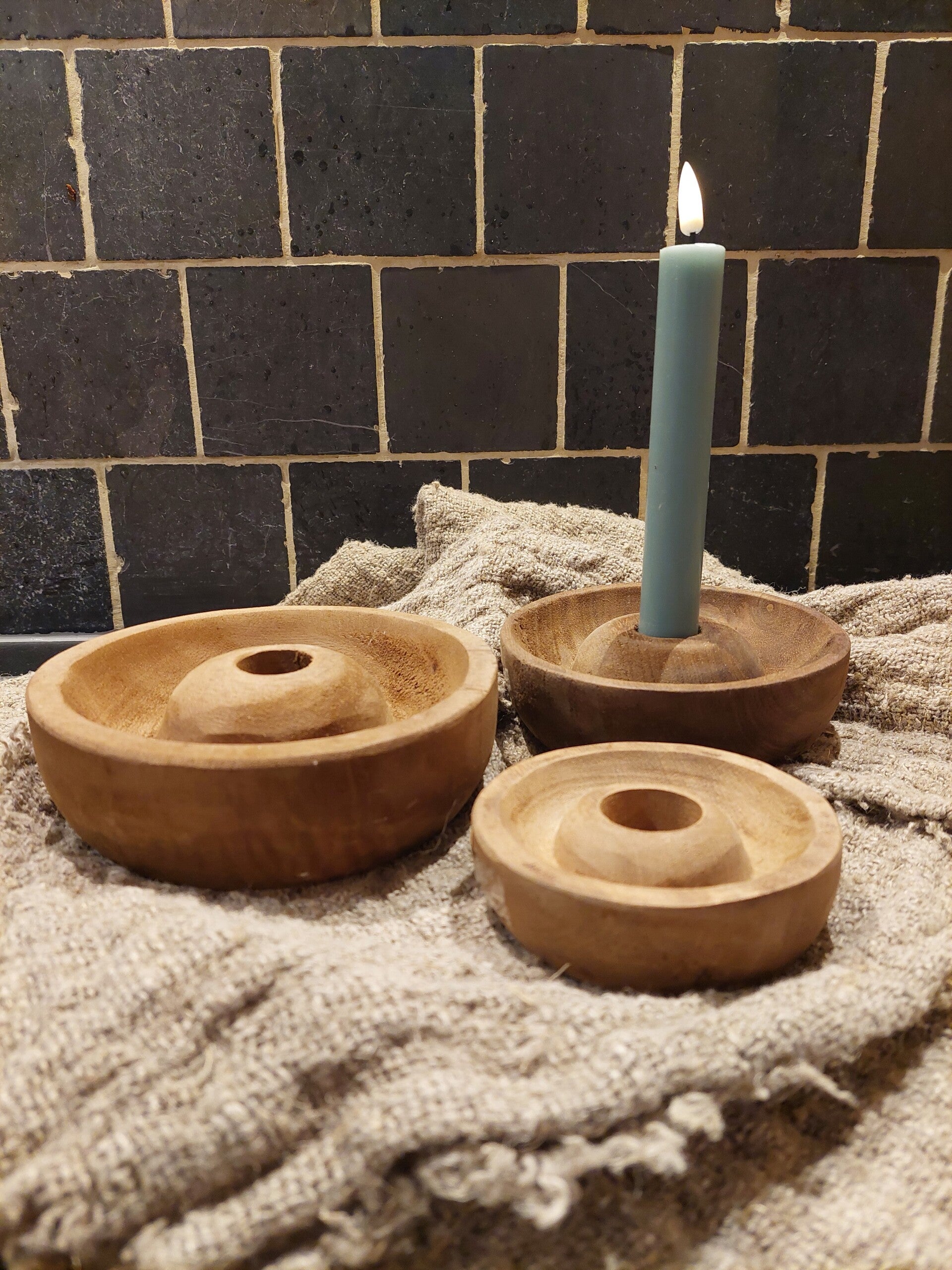 setje houten schaal kandelaars