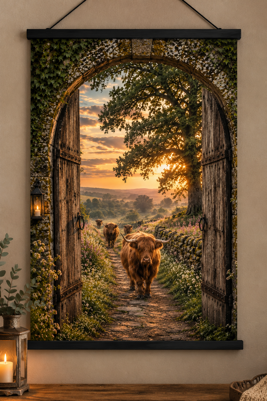 Wanddoek/tuinposter – Landelijk landschap met Schotse hooglanders