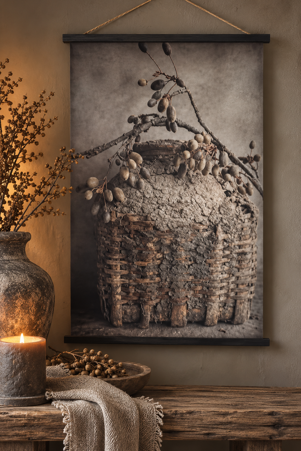 Stoer Landelijk Wanddoek/Tuinposter – Authentieke leemmand
