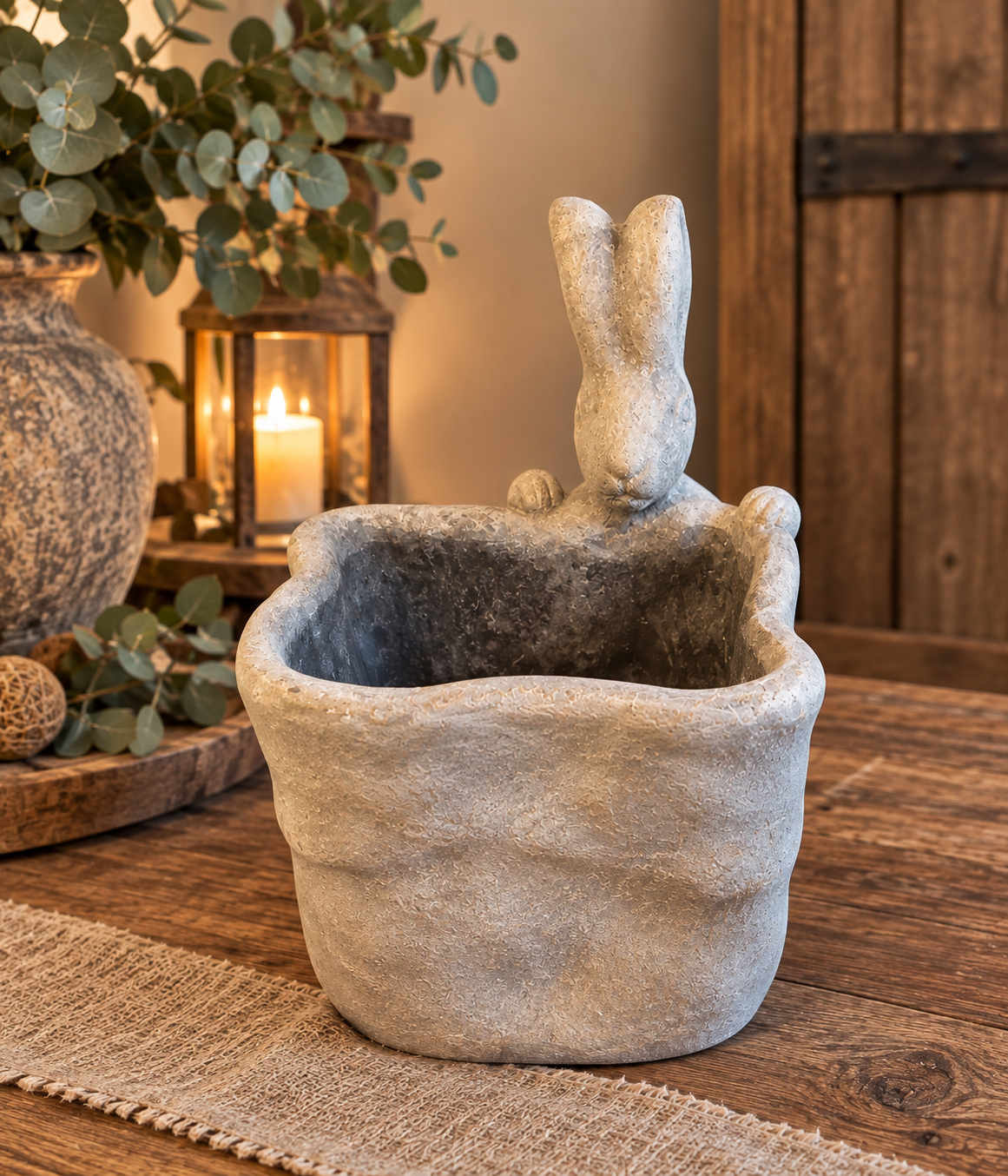 🐰 Landelijke bloempot met haas – bruin