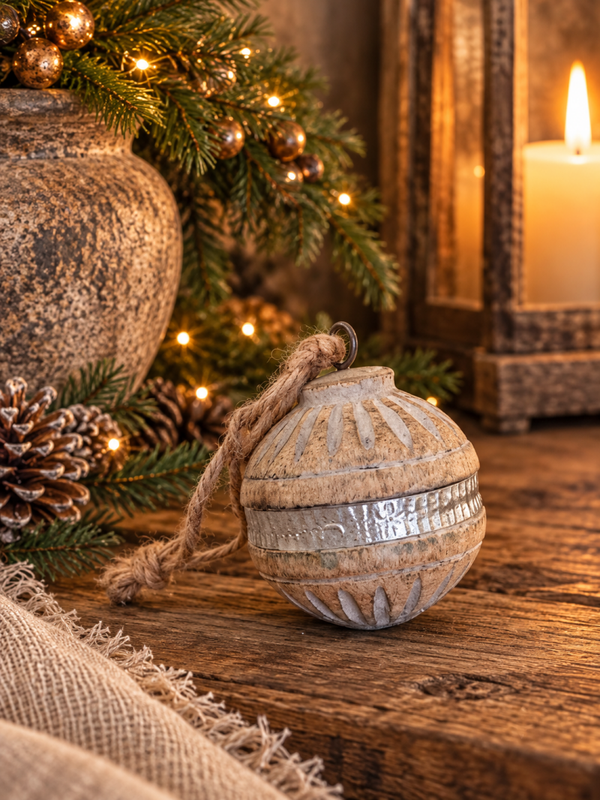 Landelijke houten kerstbal – 6 cm