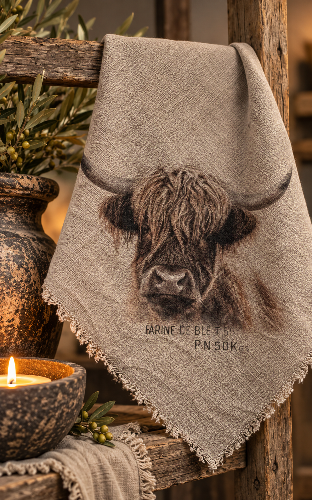 Landelijk shabby doek – Schotse Hooglander 🤎