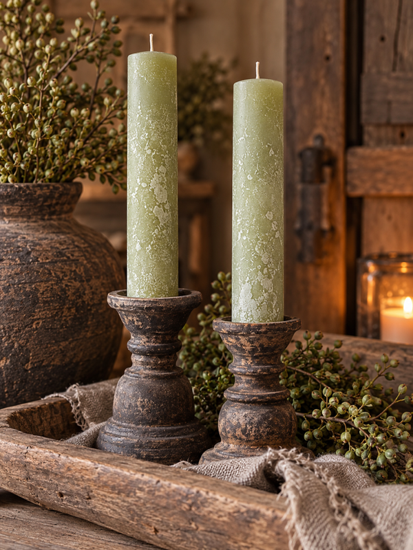Rustieke dinerkaarsen Countryfield – Olijfgroen – Set van 2