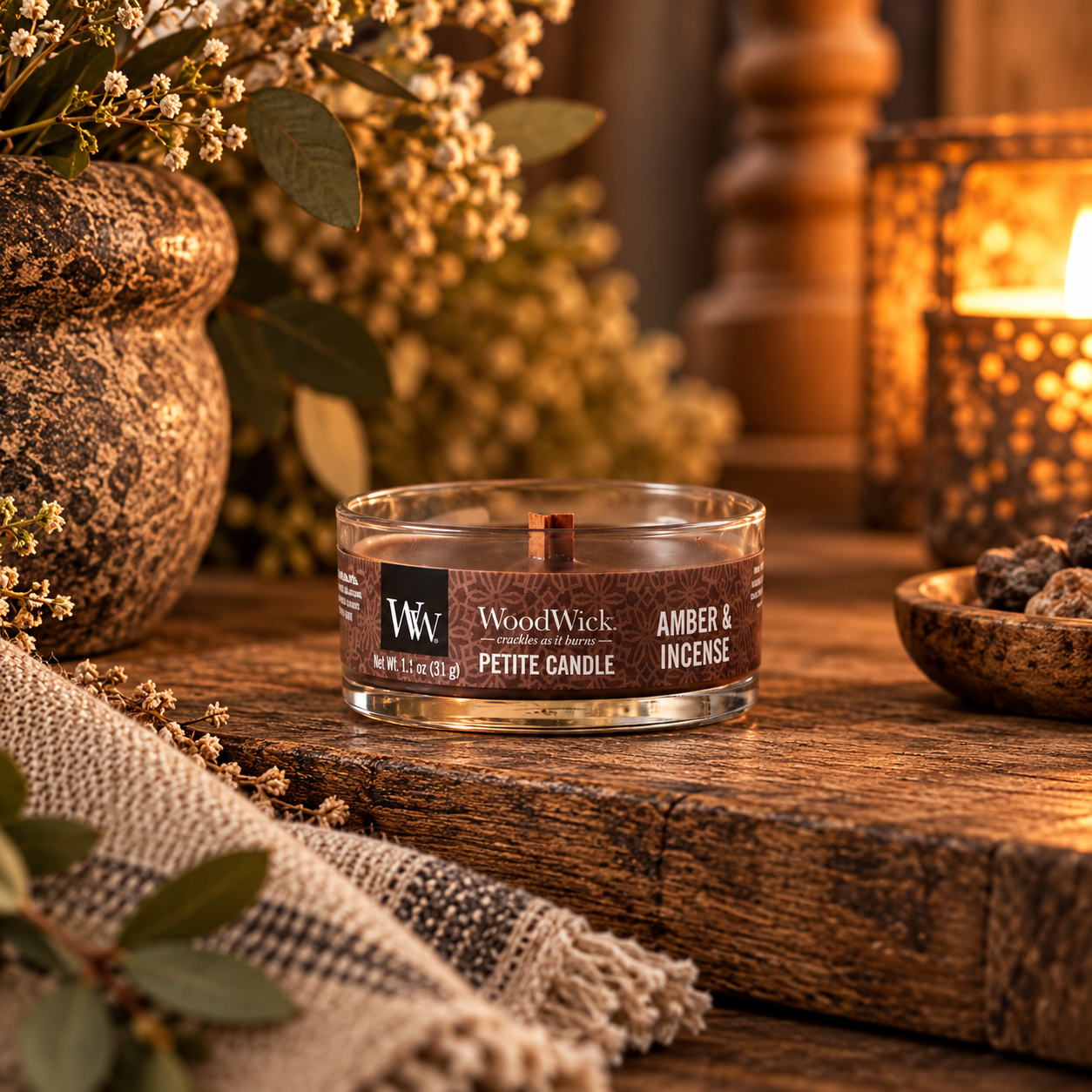 WoodWick Petite Candle – Geurkaars met houten lont 🤎