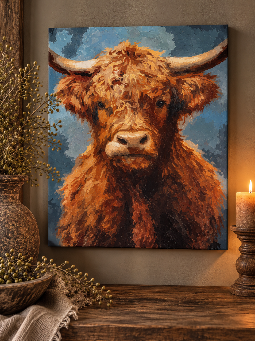 Handgeschilderd landelijke canvas - schotse hooglander