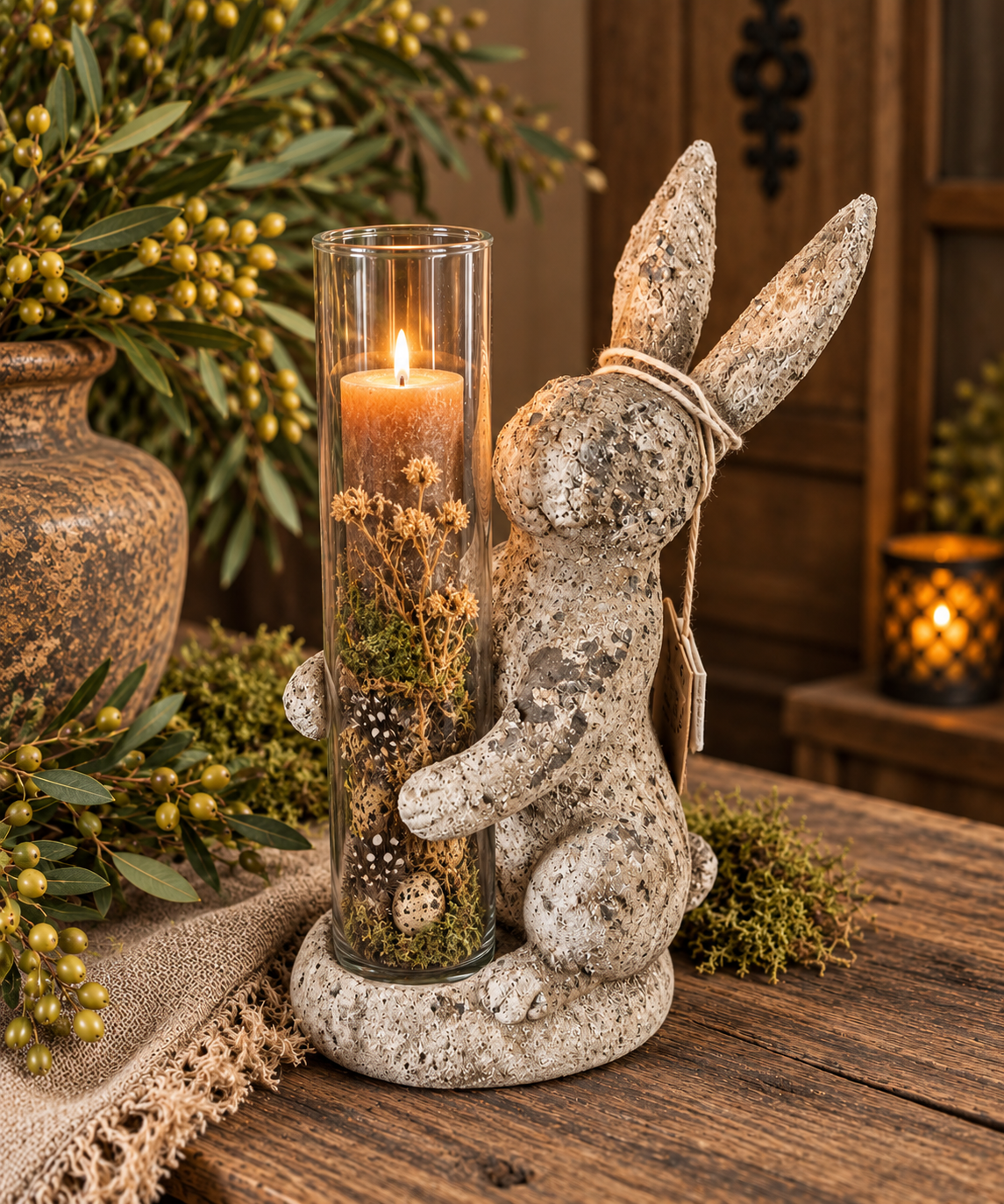 🐰 Landelijke haas met glazen kaarshouder