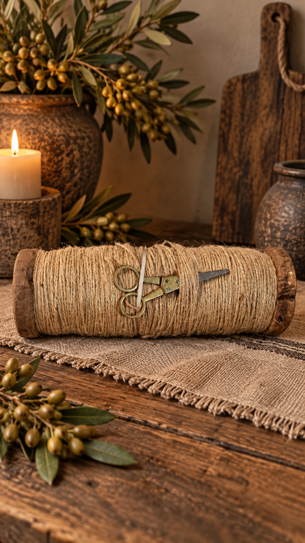 Oude houten klos met touw & schaartje