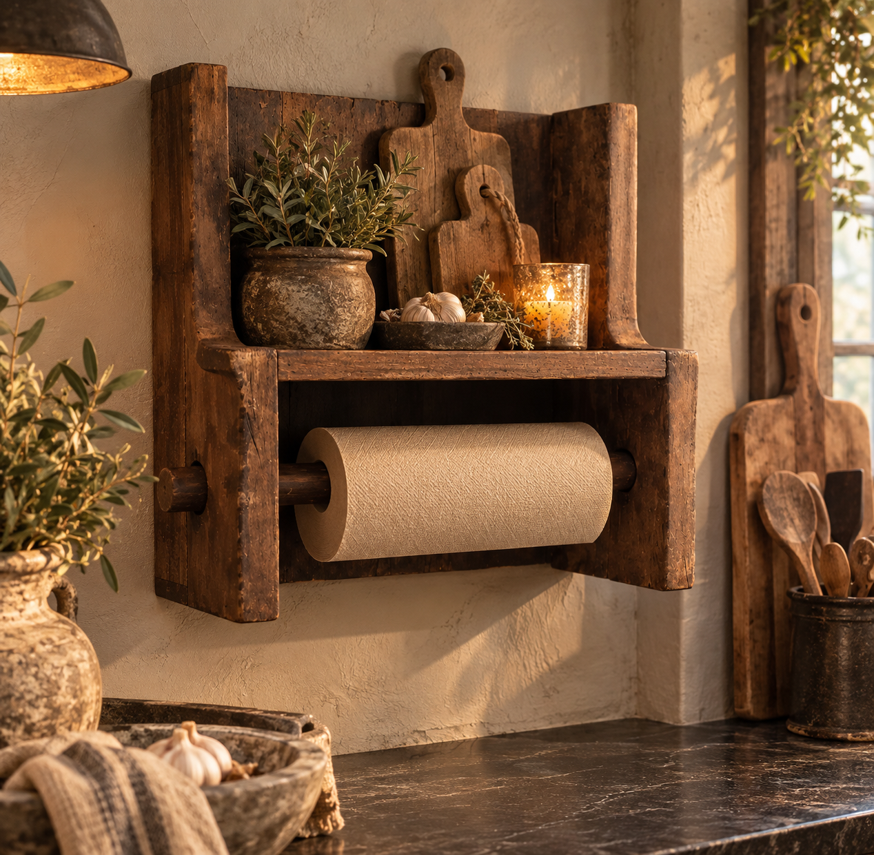 Stoer Landelijk Houten Keukenrolhouder / Wandrek