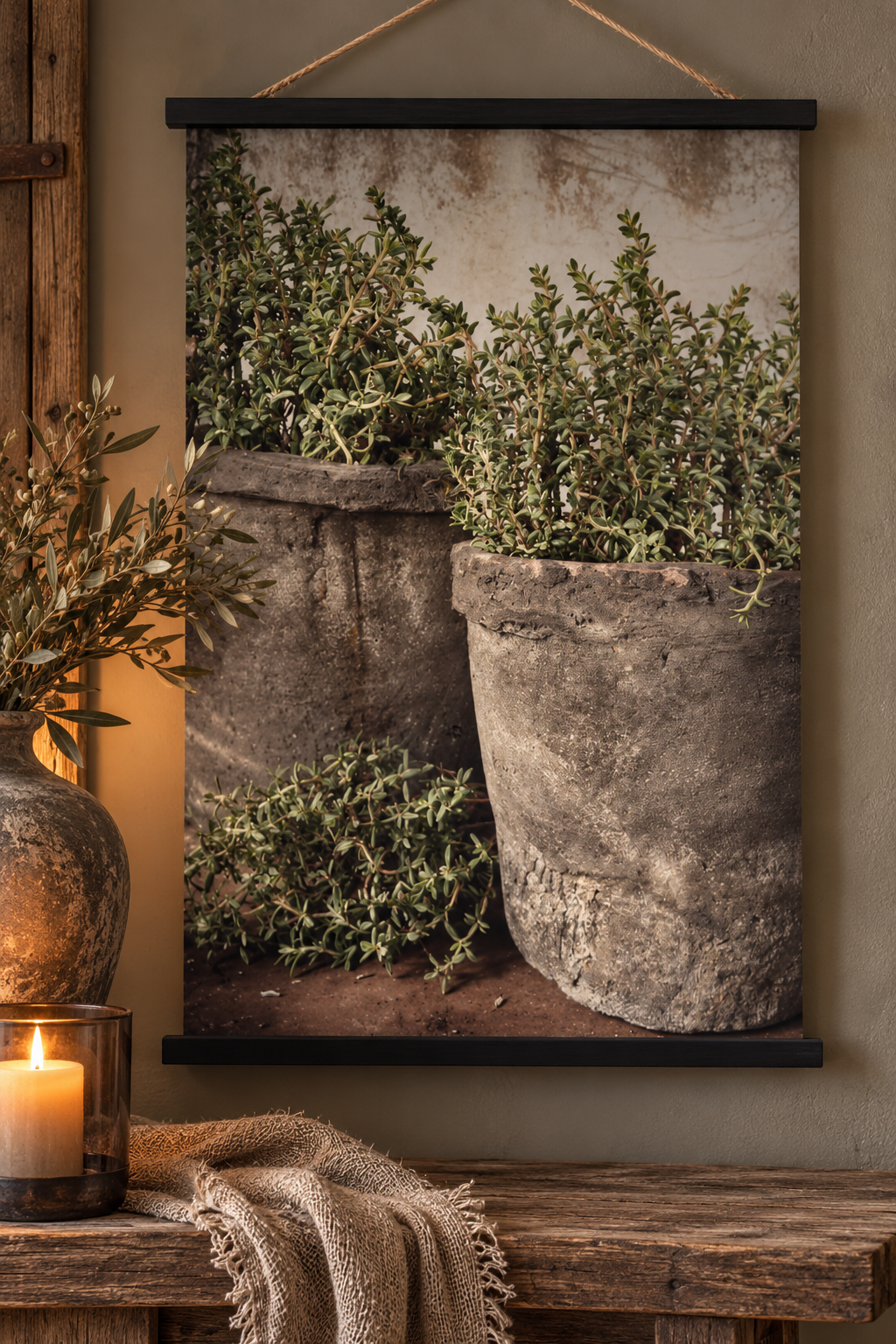 Landelijk Wanddoek/Tuinposter – Rustieke Kruidenpotten