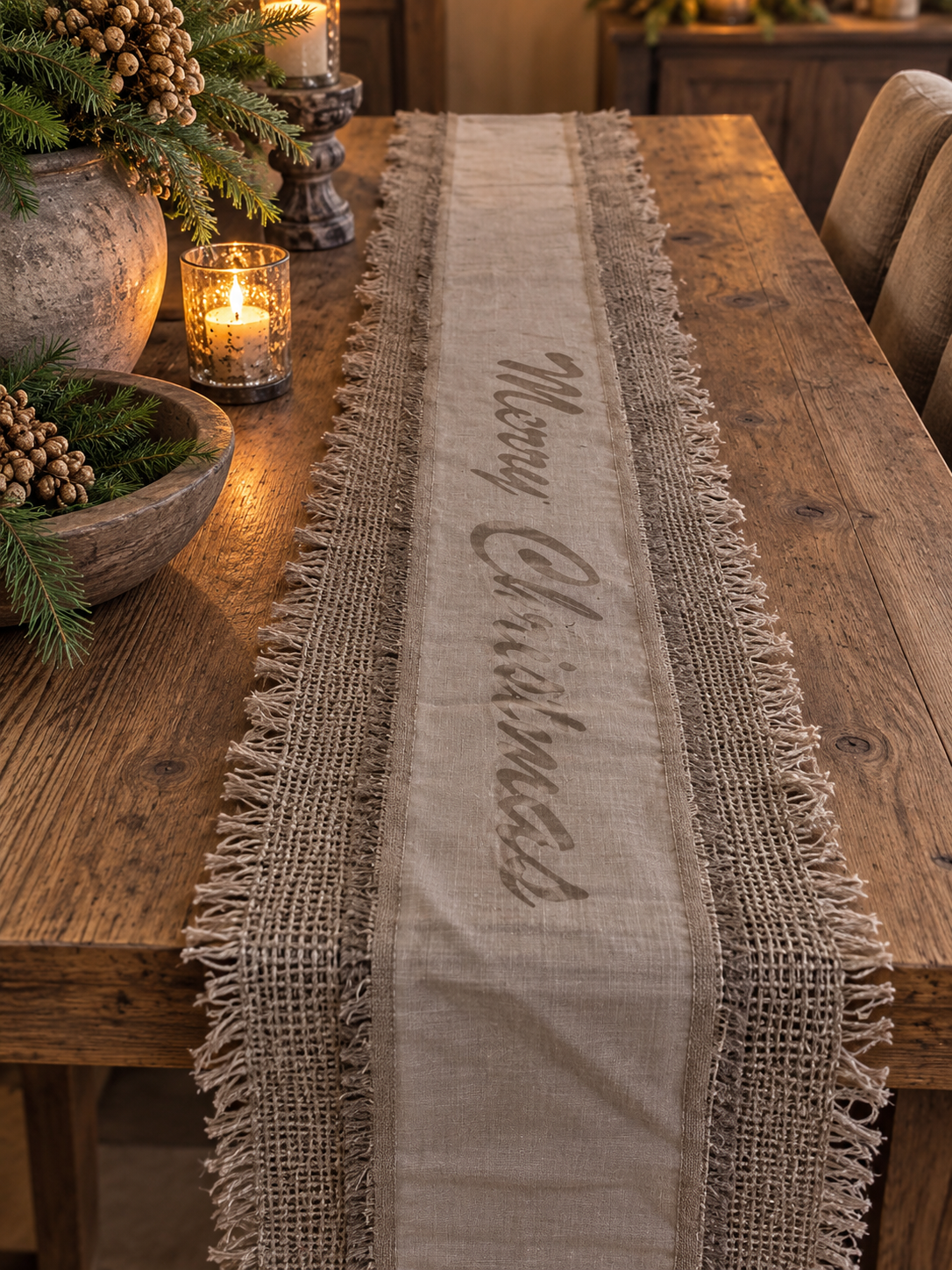 Landelijke Tafelloper Merry Christmas – Jute & Kalkdoek