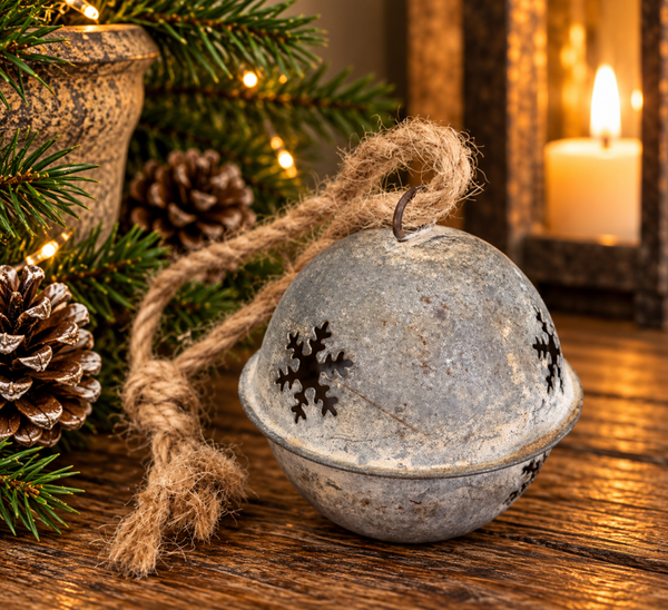 Landelijke metalen kerstbel met sneeuwvlokken