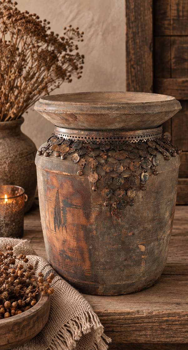 Authentieke Nepalese pot met muntdecoratie
