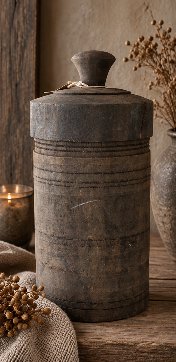 Authentieke houten pot met deksel