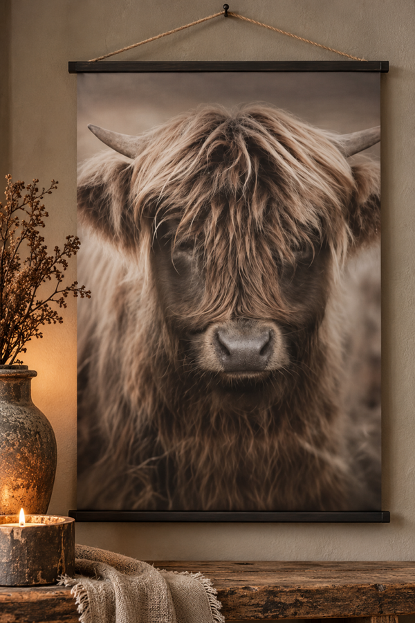 Landelijk Wanddoek/Tuinposter Schotse Hooglander – Zwart-Wit 🤎