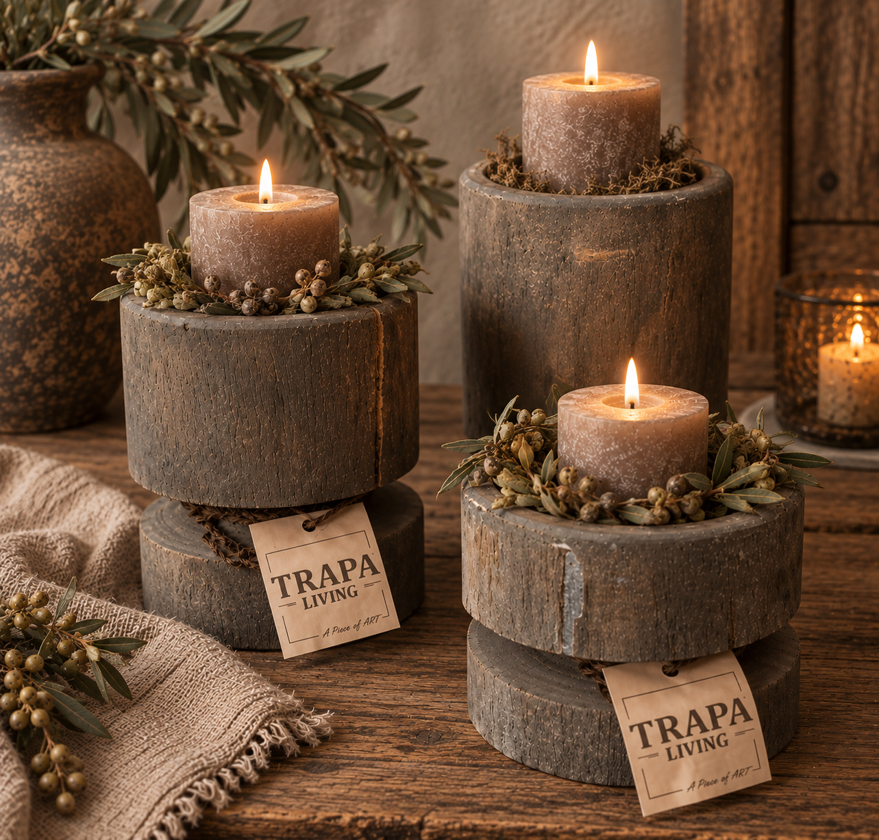 Set van 3 Sfeervolle Houten Kandelaars