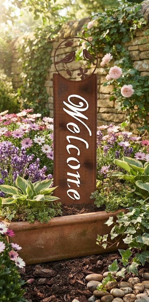 Decoratieve Roestmetalen Welkomstbord Tuinprikker met Vogeltjes - 10x55 cm