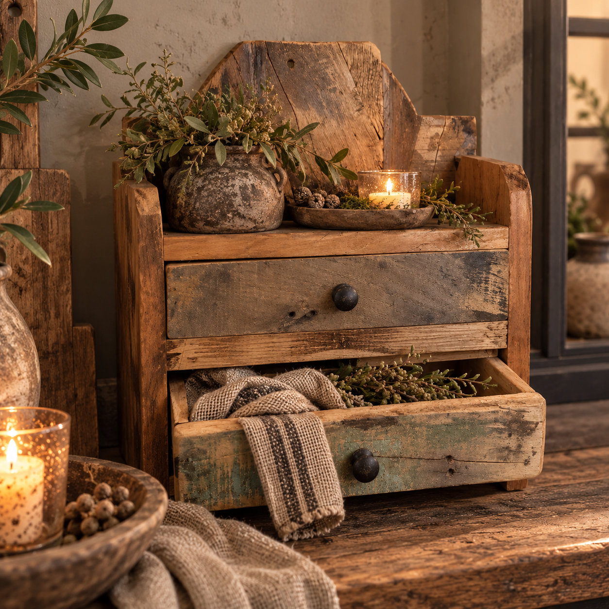 Stoer Landelijk Houten Kastje met Twee Laden