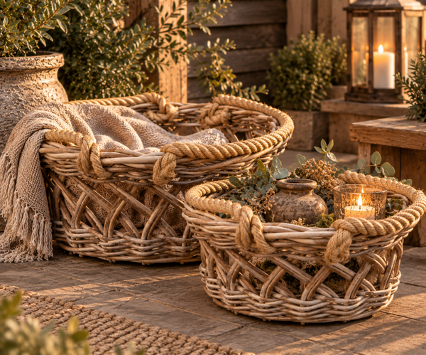 Landelijke gevlochten manden