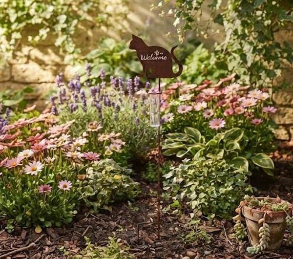 Decoratieve Roestmetalen Regenmeter met Kat en 'Welcome' - 21x117 cm
