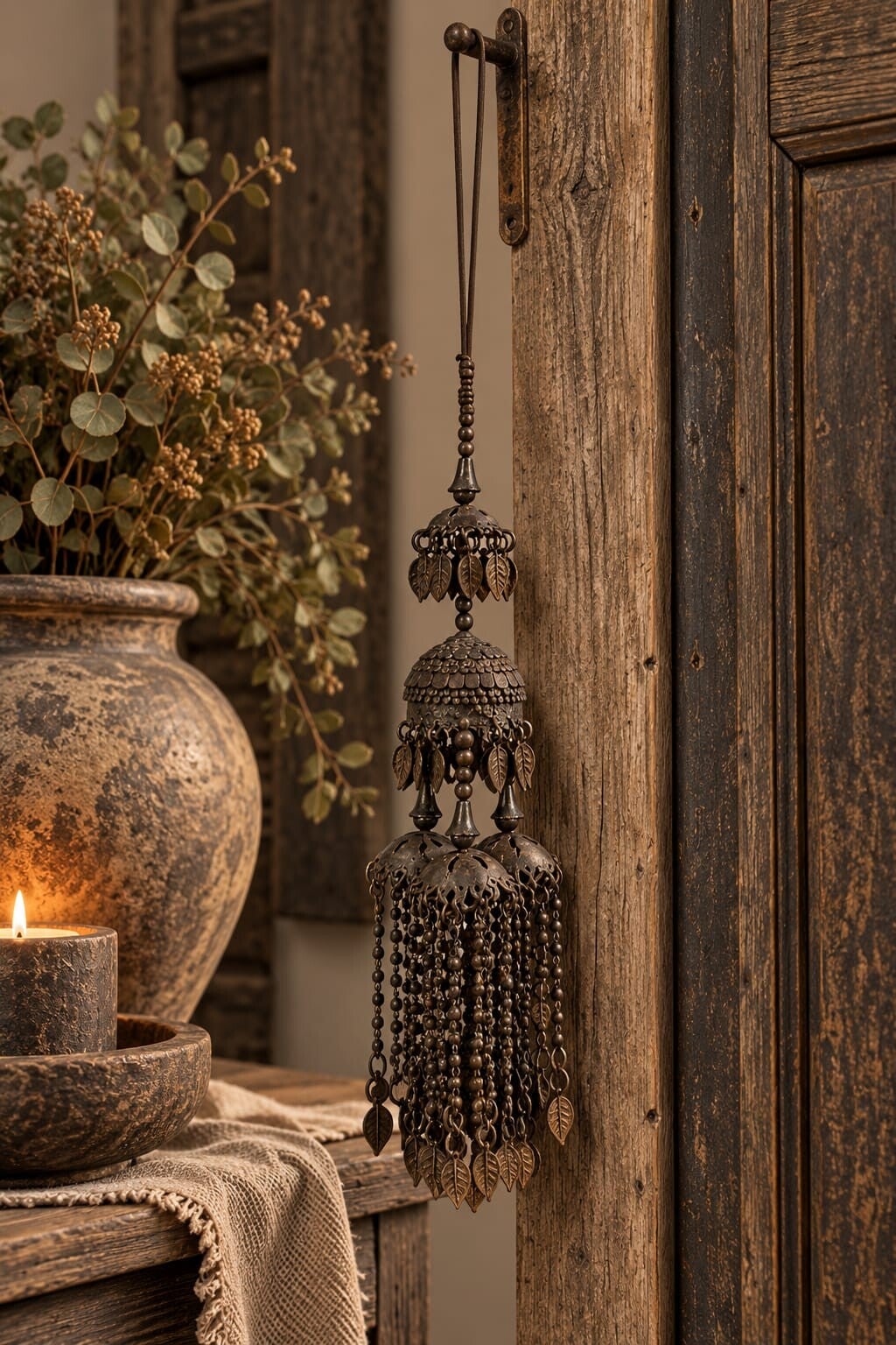 Rustieke Metalen Hanger / Kwast hanger met Bladmotief & Kralen