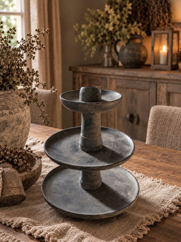 Stoere houten etagère met 3 schalen – Landelijk & sober