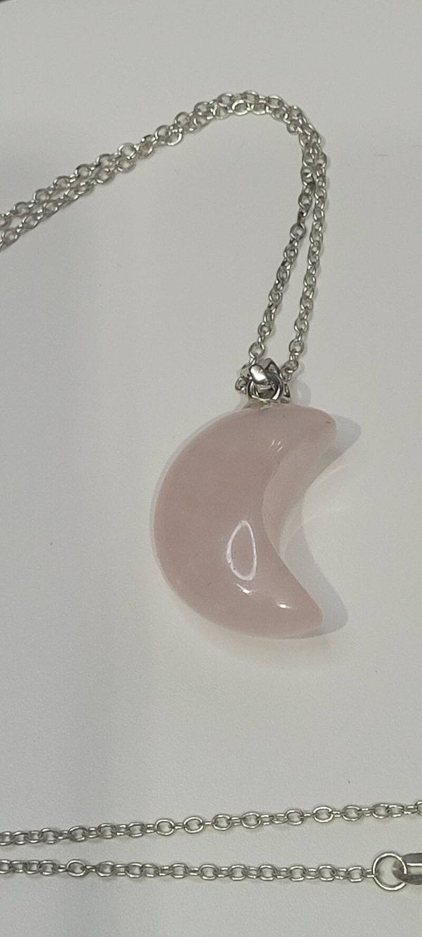 925 sterling silver plate chain with a genuine rose quartz moon shape stone