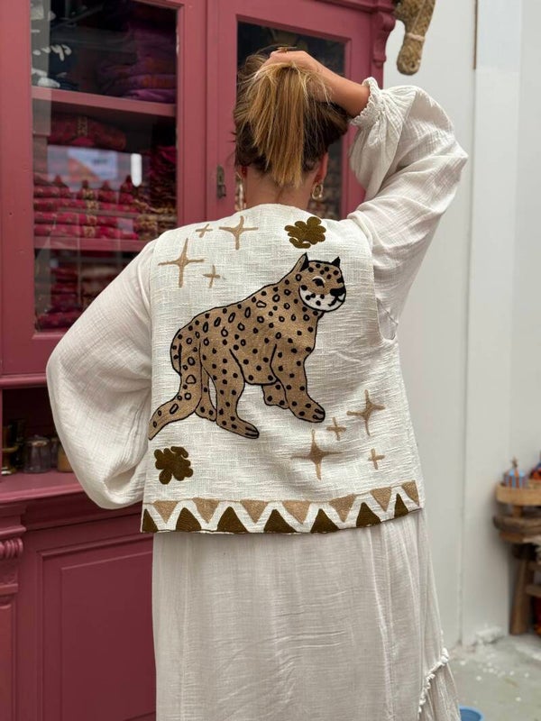 Cotton gilet leopard creme