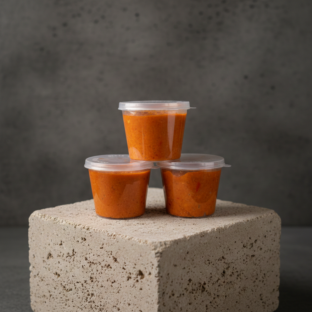 Proefpakketje Carolina reaper, Ghost pepper en Trinidad scorpion sambal in kleine bakjes (25 ml).