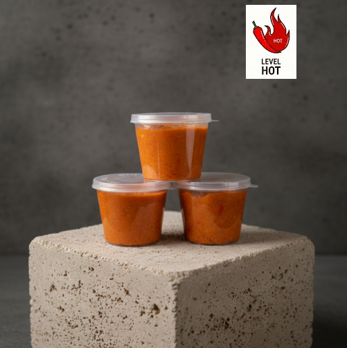 Proefpakketje Carolina reaper, Ghost pepper en Trinidad scorpion sambal in kleine bakjes (25 ml).