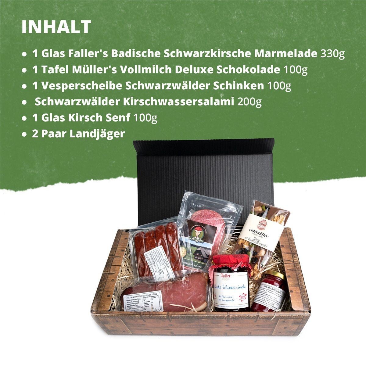 Kirschkiste - Schlemmergeschenk mit Kirschmarmelade, Kirschsenf, Kirschwassersalami 6-teilig