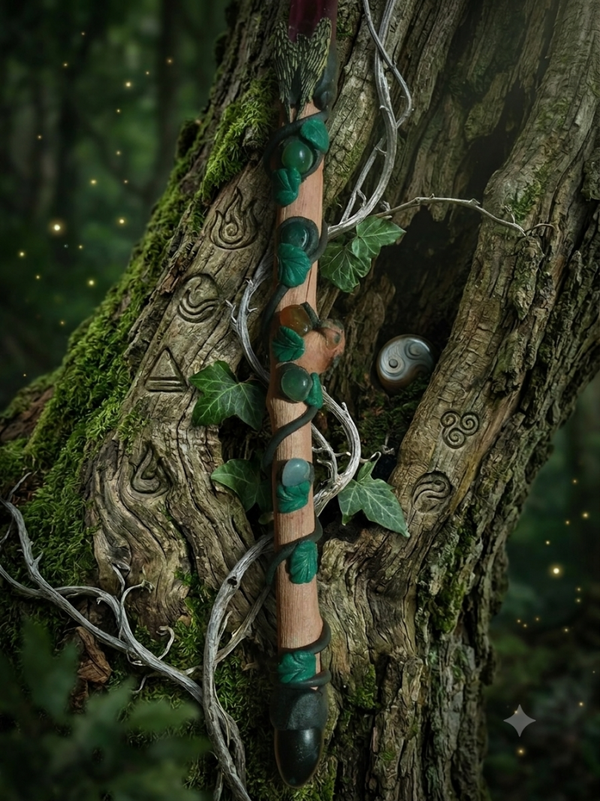 Baguette Rituelle Artisanal en Bois – Fluorite Violette, Obsidienne & 5 Pierres d'Énergie