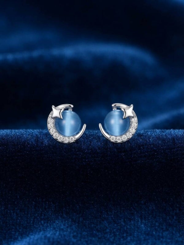 Boucles d'Oreilles Voûte Céleste – Croissant de Lune & Opale Bleue