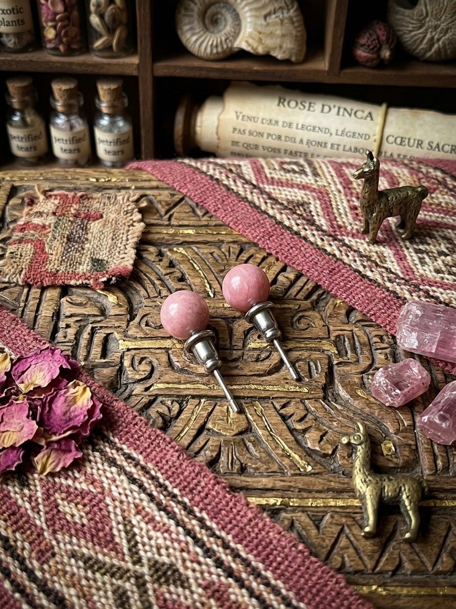 Boucles d'Oreilles Puces « Rose d'Inca »  Rhodochrosite 6mm & Acier Inoxydable