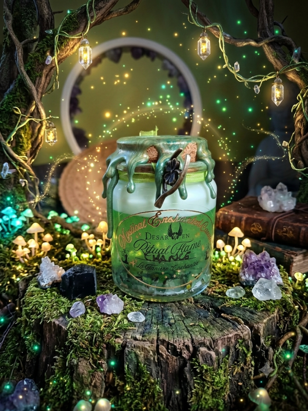 Bougie Magique Rituelle "Abondance & Prospérité" – Magie Verte, Cristaux & Senteur Herbacée