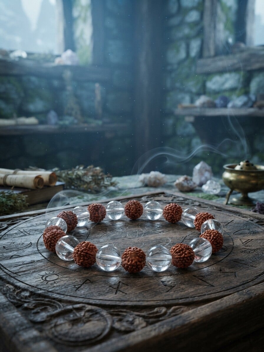 Bracelet « Alliance des Sages de Rudraksha & Cristal » Pureté et Ancrage
