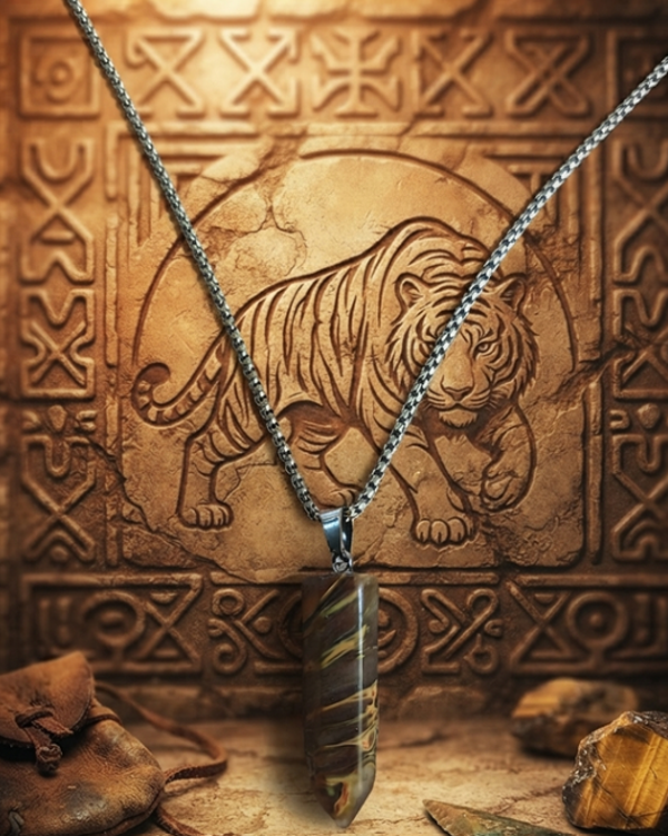Amulette Œil de Tigre 32 mm – Chaîne en Acier Inoxydable