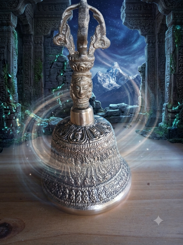 Cloche Sacrée du Temple de Shambala – Cloche Tibétaine Rituelle Vajra & Visage de Déité (Tingsha Bell - Large)