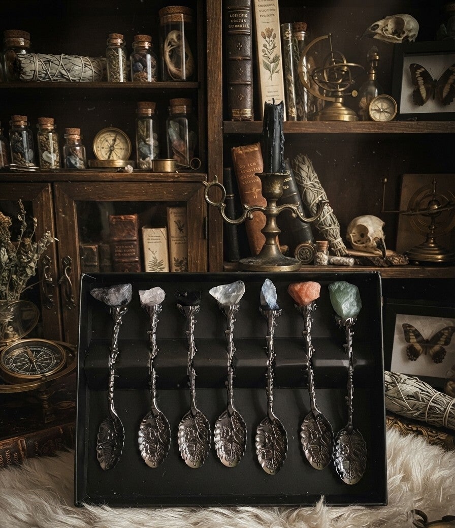 Coffret Cuillères Sorcière "Ancient Witch" – 7 Cuillères Rituelles aux Cristaux Bruts de Lithothérapie