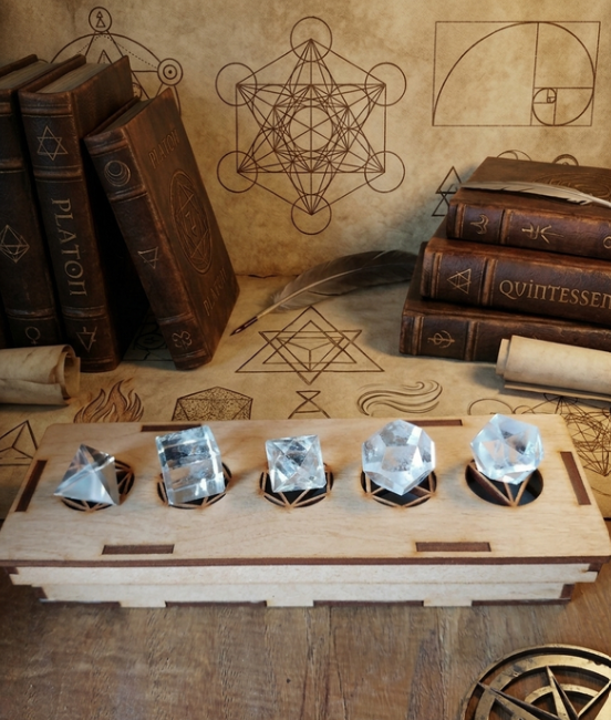 Coffret des 5 Reliques Éléments : Solides de Platon en Cristal de Roche Extra – Géométrie Sacrée