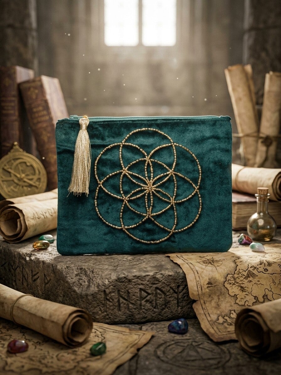 L'Écrin des Gardiens – Pochette en Velours « Fleur de Vie »