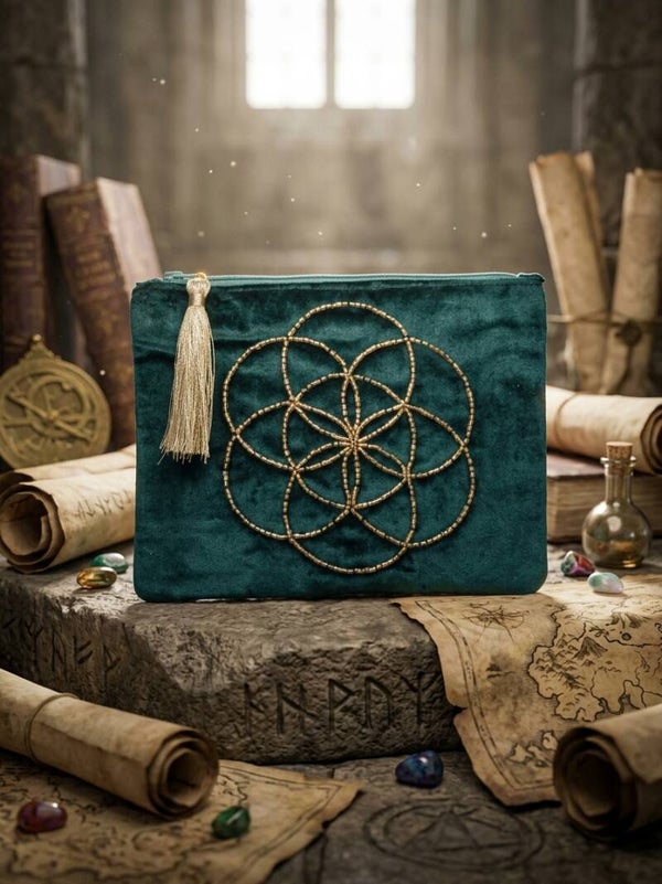 L'Écrin des Gardiens – Pochette en Velours « Fleur de Vie »