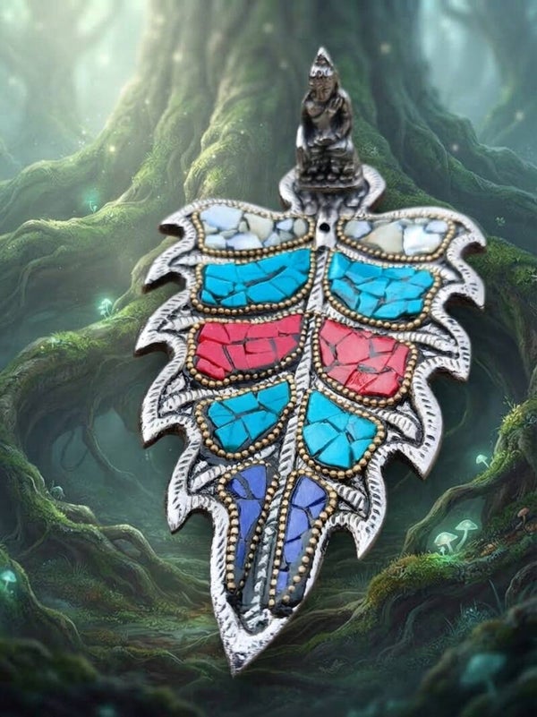 Porte-Encens & Brûle-Encens « Feuille de Bouddha » – Mosaïque Minérale & Métal Argenté