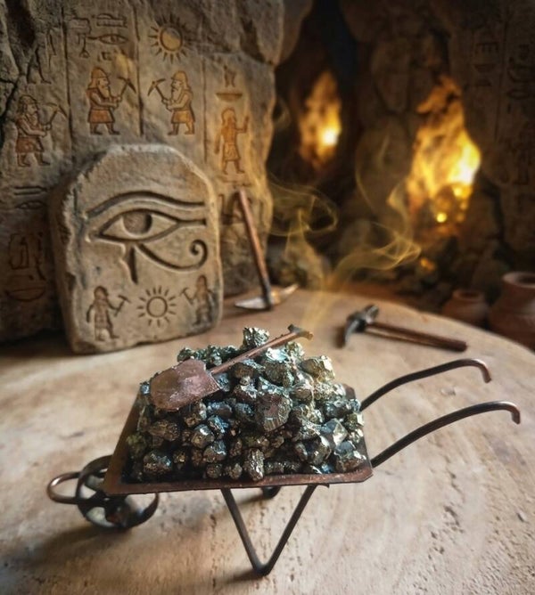 Mini Brouette en Métal & Pyrite Brute du Brésil — Trésor d'Abondance