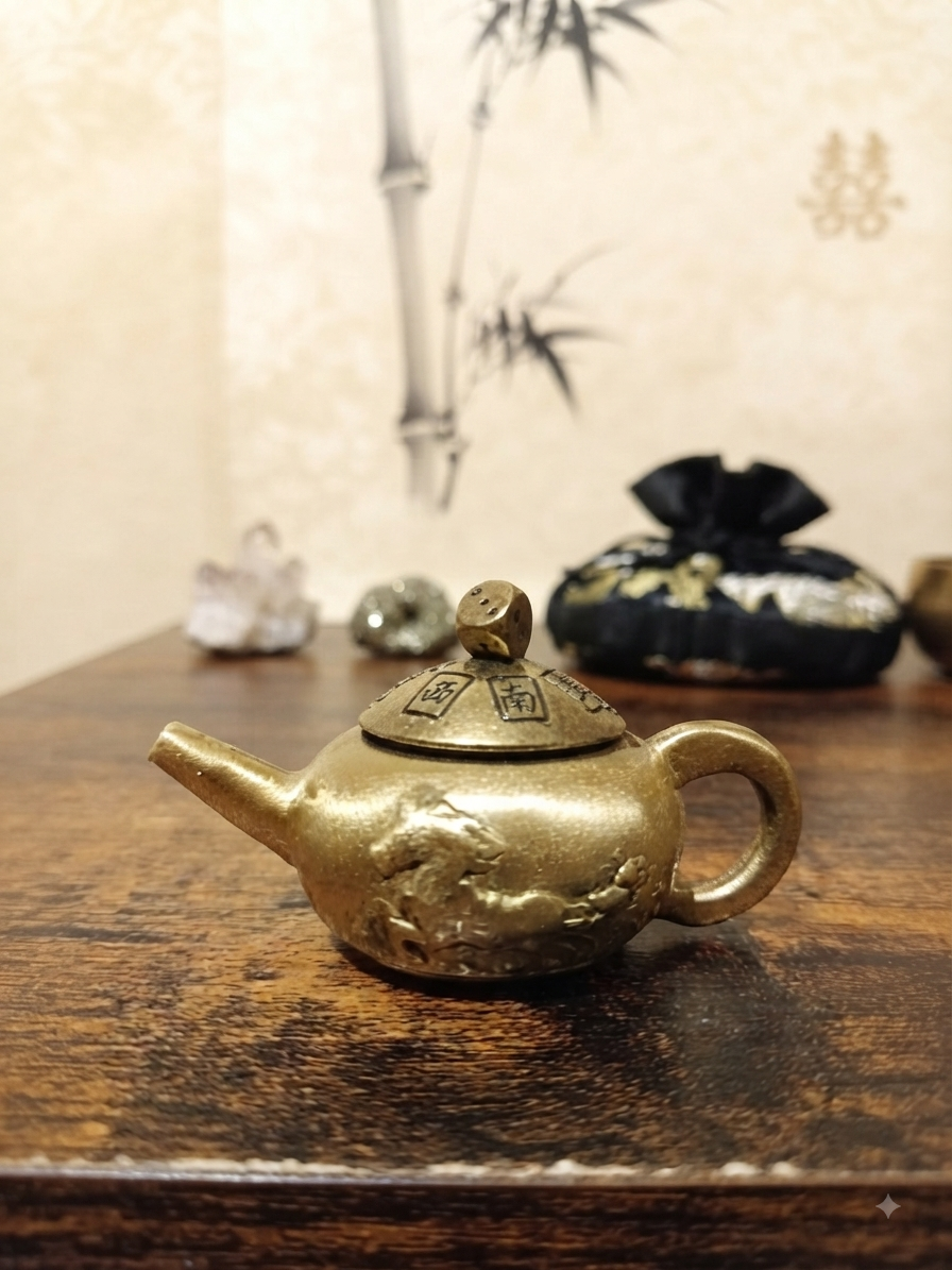 Mini-Théière Porte-Bonheur Feng Shui – Édition Talisman Laiton & Dé Tournant