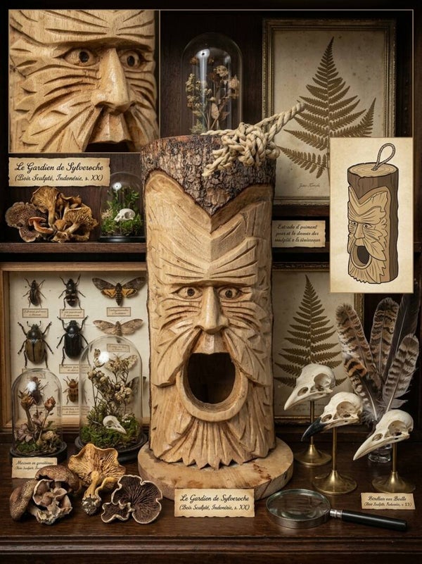 Le Gardien de Sylveroche — Nichoir / Abri Oiseau en Bois Sculpté "Green Man"