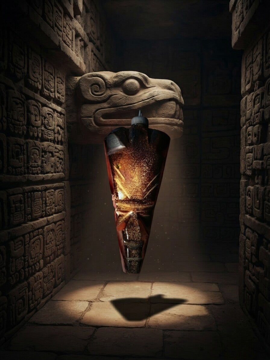 Le Masque du Soleil Noir — Grand Pendentif Aztèque en Obsidienne Dorée & Métal Argenté