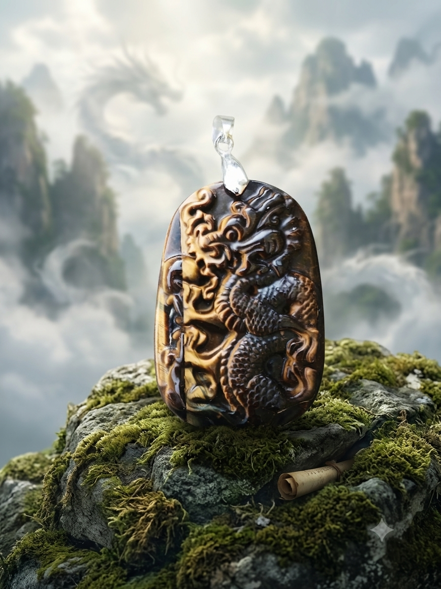 Pendentif Dragon "Le Regard du Tigre" — Œil de Tigre Sculpté (~35 mm)