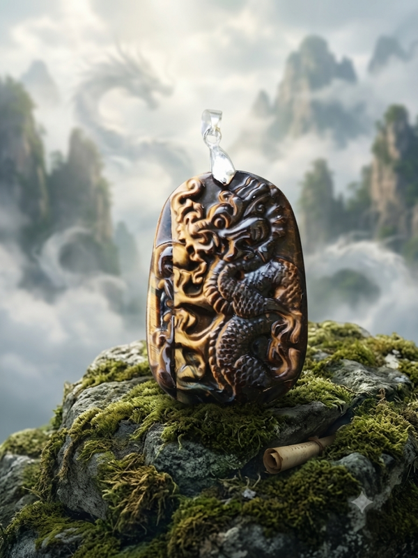 Pendentif Dragon "Le Regard du Tigre" — Œil de Tigre Sculpté (~35 mm)