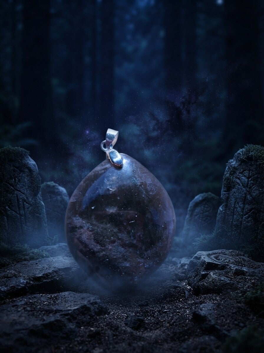 L’Éclipse de Lune — Pendentif en Pierre Lune Noire (Forme Marquise) & Métal Argenté